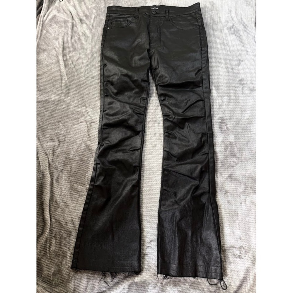 Rockstar Original Mens Black Coated Stacked Flare Jeans 36X34 Waxed Fray Hem